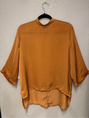 LUCCA Mock Neck Satin Blouse Copper High Low Top Size Large